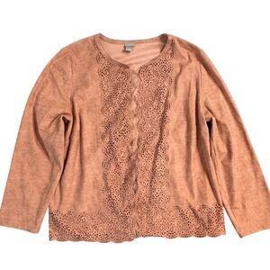 Chicos Cardigan Blazer Peach Lace Trim Open Front Faux Suede Jacket Women L